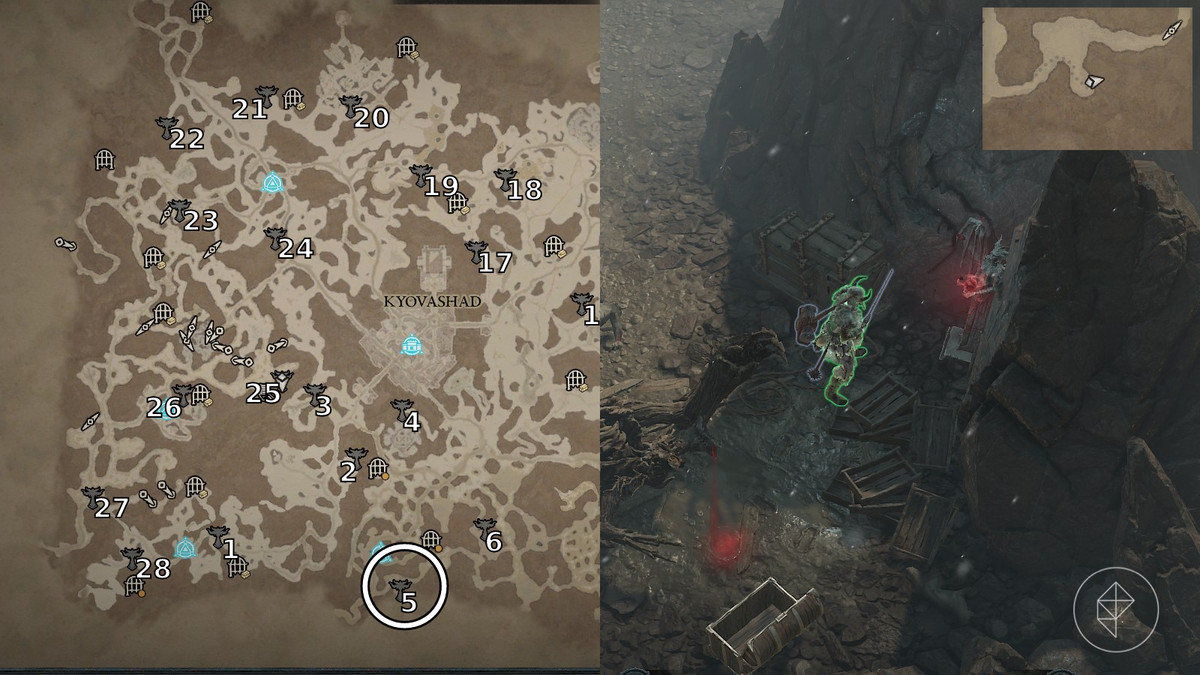 Altar of Lilith 5 found in the Shadow Trail area of Diablo 4 / IV depicted by an annotated map and an in game screenshot of a warrior stood beside a statue and some rock peaks.
