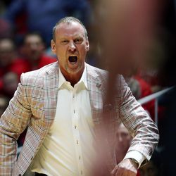 Utah Utes head coach Larry Krystkowiak comes unglued as he marches onto the floor after a referee as Utah and UC Davis play in an NIT basketball game at the Huntsman Center in Salt Lake City on Wednesday, March 14, 2018. Utah won 69-59.