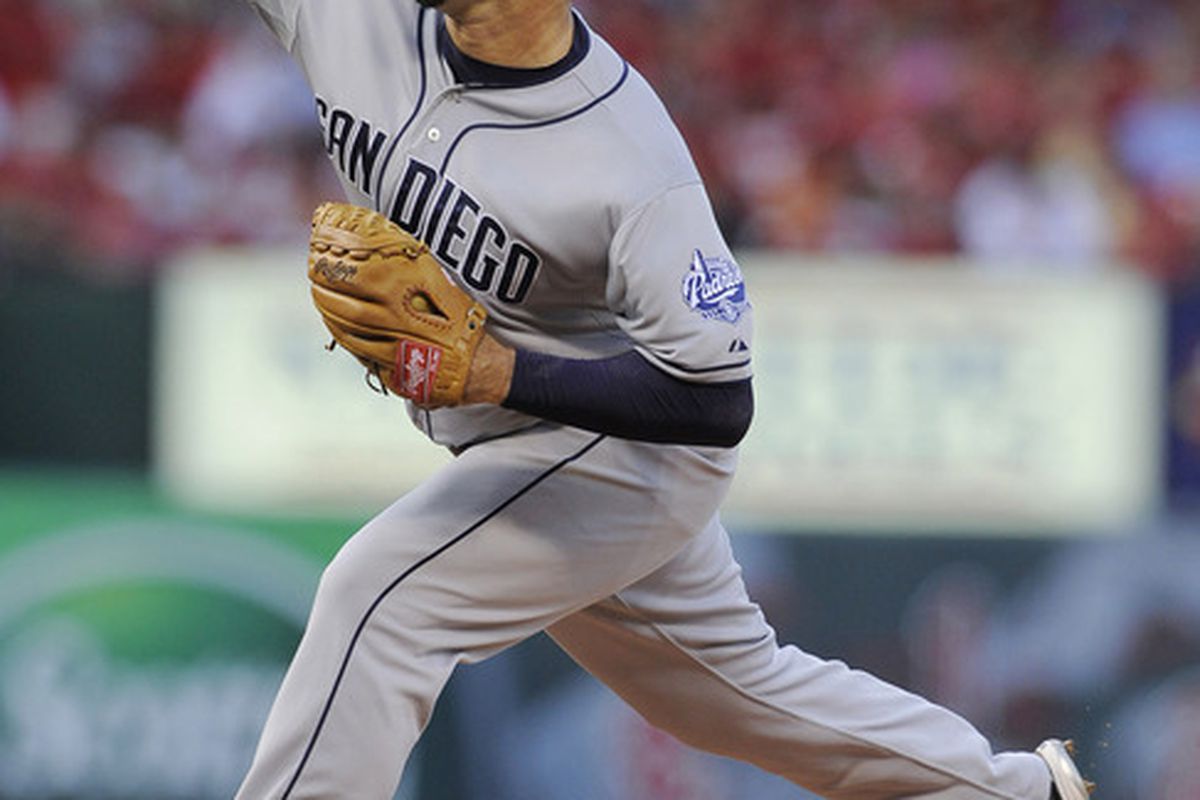 May 23, 2012; St. Louis, MO. USA; San Diego Padres starting pitcher Jeff Suppan (38) throws to a St. Louis Cardinals batter during the first inning at Busch Stadium. Mandatory Credit: Jeff Curry-US PRESSWIRE