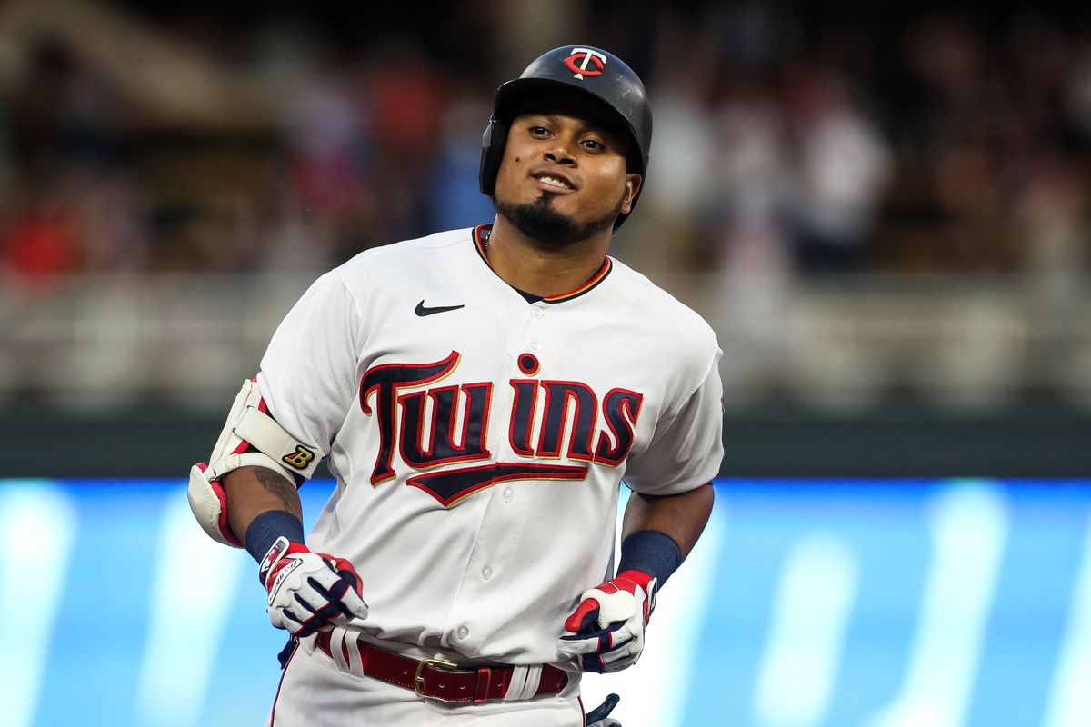 &nbsp;Luis Arraez #2 of the Minnesota Twins rounds the bases on his two-run home run against the Cleveland Guardians in the seventh inning at Target Field