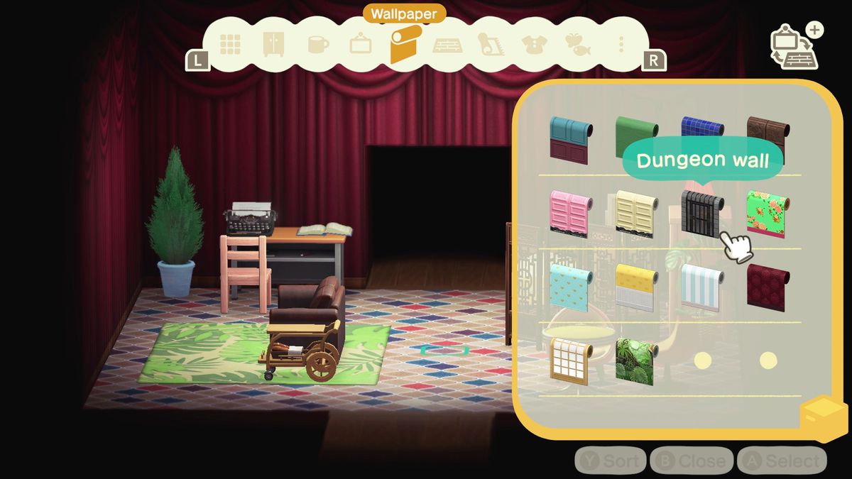 An Animal Crossing room with red-curtained walls and a tile floor.