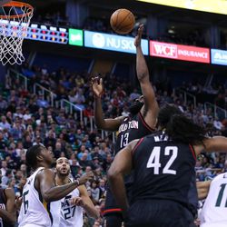 Houston Rockets guard James Harden (13) shoots during the game against the Utah Jazz at Vivint Smart Home Arena in Salt Lake City on Tuesday, Nov. 29, 2016.