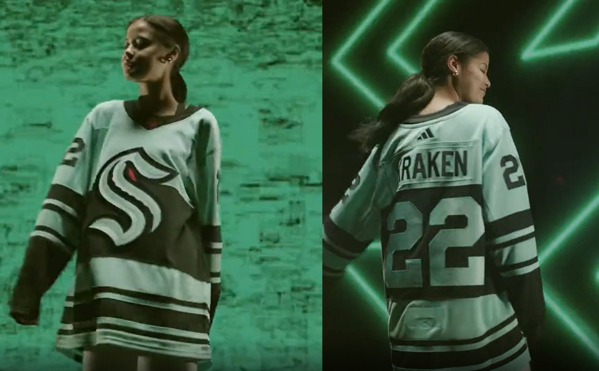Seattle Kraken front and back views of their reverse retro jerseys for 2022-23