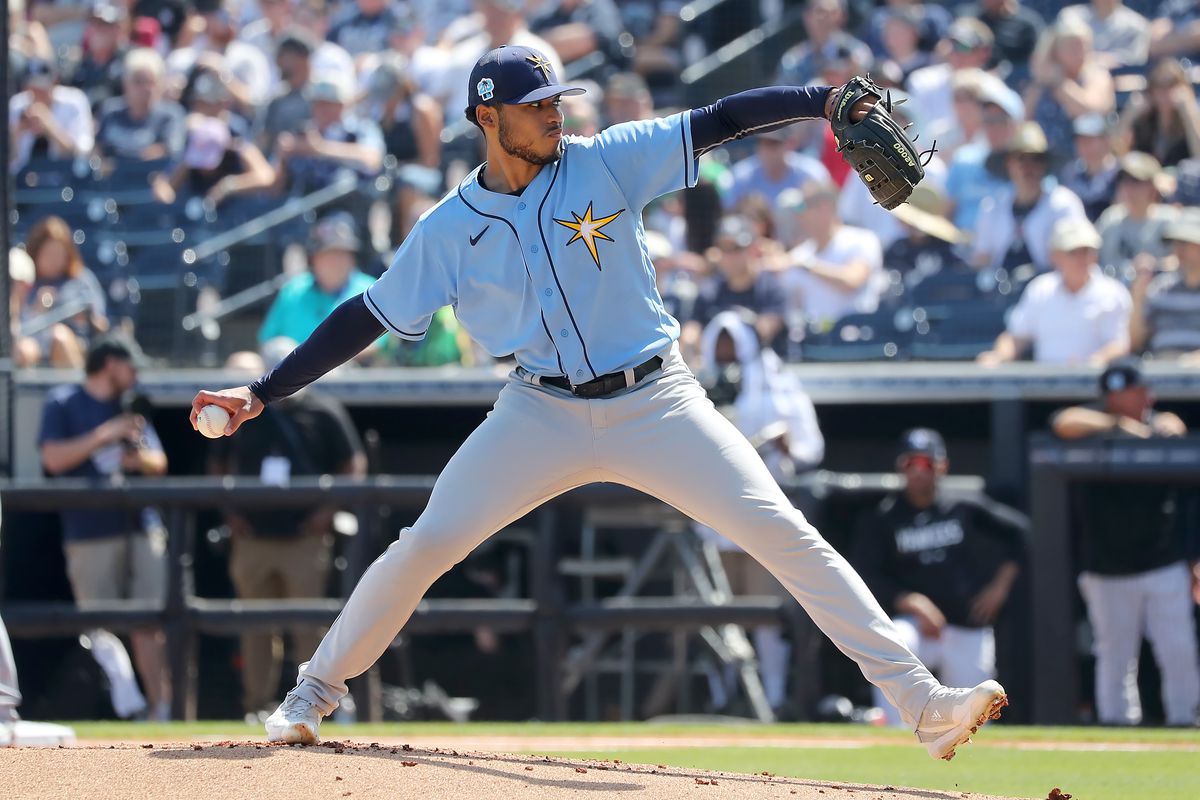 Tampa Bay Rays pitcher Taj Bradley (45) delivers a pitch to the plate during the spring training game between the Tampa Bay Rays and the New York Yankees on March 04, 2023 at George M. Steinbrenner Field in Tampa, FL.