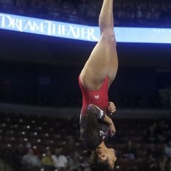 The University of Utah’s Alexia Burch competes on the vault against Brigham Young University, Utah State University and Southern Utah University in the Rio Tinto Best of Utah NCAA gymnastics meet at the Maverik Center in Salt Lake City on Friday, Jan. 7, 2022. Utah won.