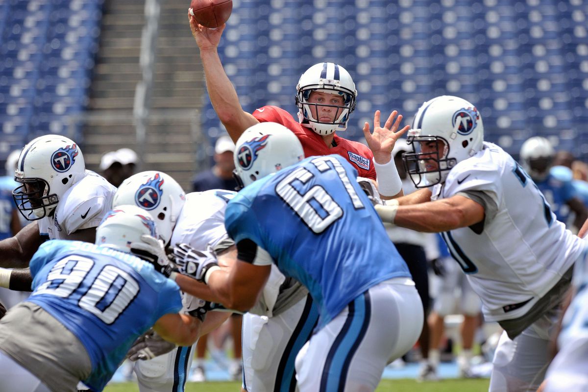 Aug 4, 2012; Nashville, TN, USA; Tennessee Titans quarterback Jake Locker (10) passes over the line during training camp workout at LP Field. Mandatory Credit: Jim Brown-US PRESSWIRE