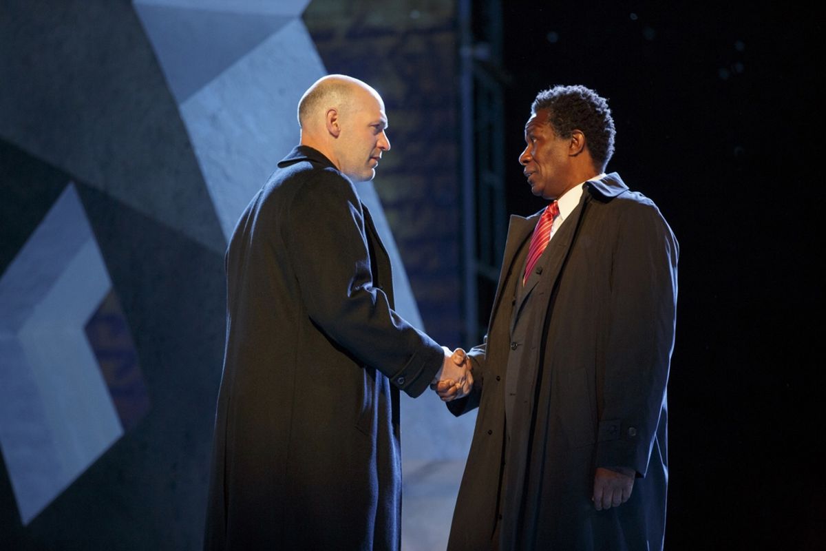 Corey Stoll as Brutus and John Douglas Thompson as Cassius in the Shakespeare in the Park production of Julius Caesar