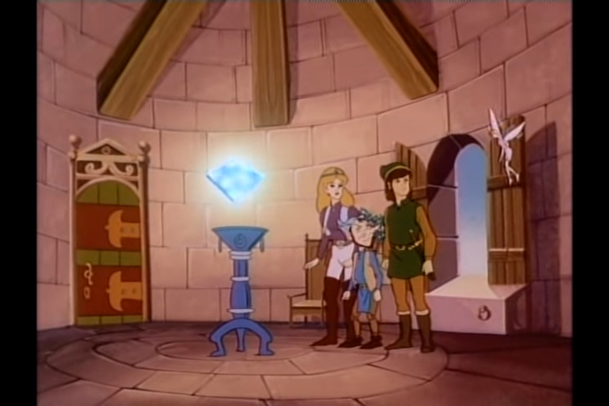 Zelda, Link, Spryte, and an elf standing around the Triforce of Wisdom in Hyrule Castle