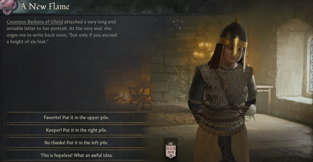 Crusader Kings 3 - an image of a lady who a medieval lord is courting. She urges the player to write back soon if they “exceed a height of six feet”