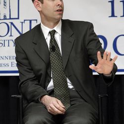 Brad Stevens, of Butler, takes part in a panel discussion on integrity in college basketball on Wednesday, April 10, 2013, in Nashville, Tenn. Stevens, Kevin Stallings of Vanderbilt, and Rick Byrd of Belmont, discussed maintaining integrity and honor in college sports' changing landscape with the ever-increasing pressure to win. 