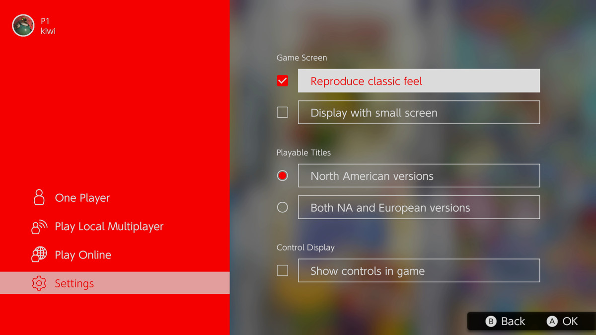 The Game Boy Advance menu within the Nintendo Switch app, with a big red sidebar on the left. The “reproduce classic feel” box has been checked on  the right.