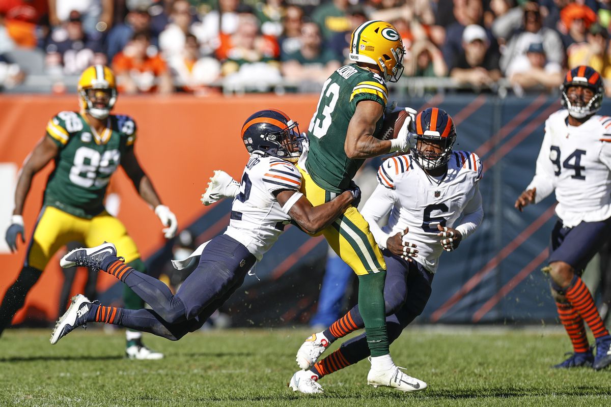 Bears cornerback Kindle Vildor (22, tackling Packers receiver Allen Lazard at Soldier Field on Oct. 17), started the first 10 games of the season. 