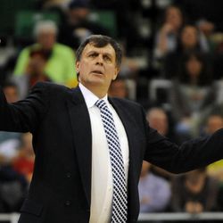 Houston Rockets head coach Kevin McHale questions a call during a game at EnergySolutions Arena on Monday, Dec. 2, 2013.