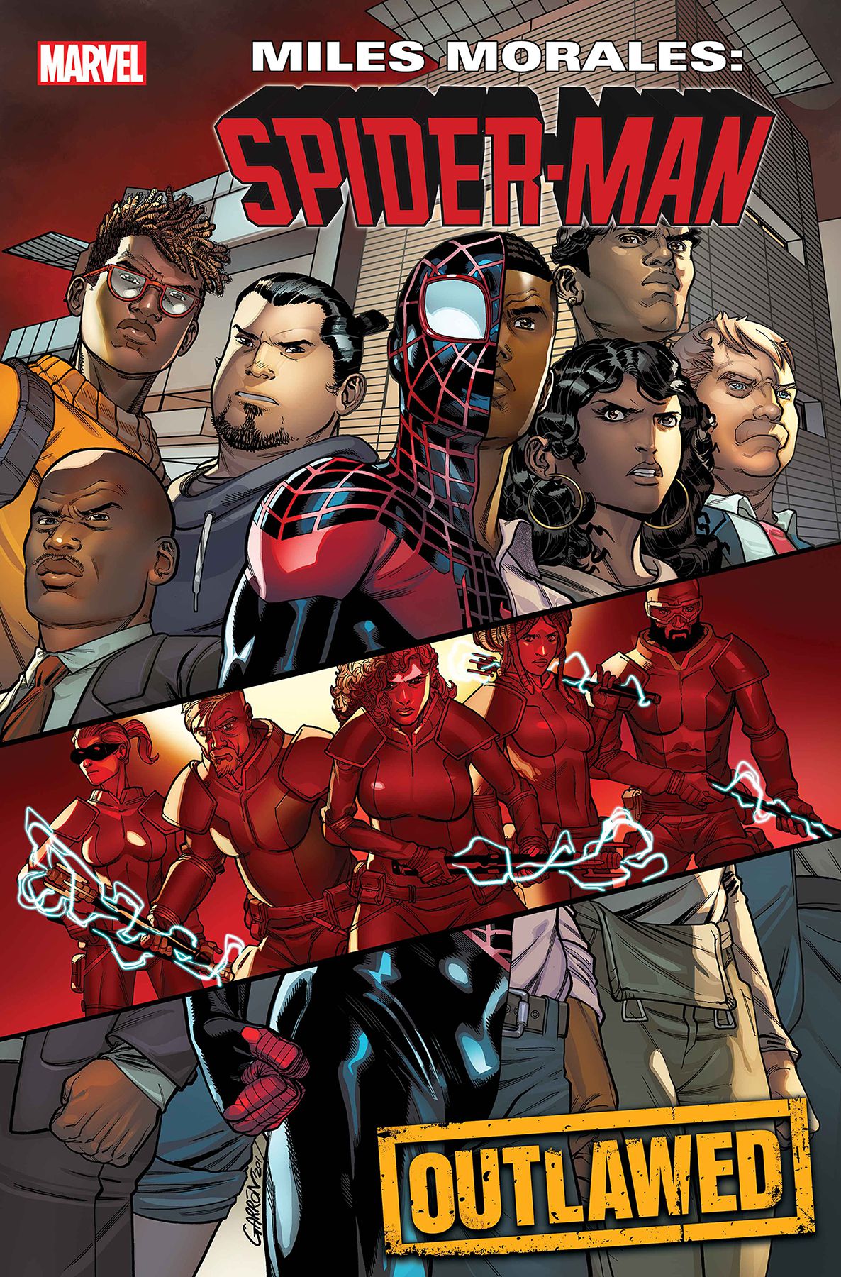 Miles Morales/Spider-Man stands with the folks who know his secret identity on the cover of Miles Morales: Spider-Man #18, Marvel Comics (2020).