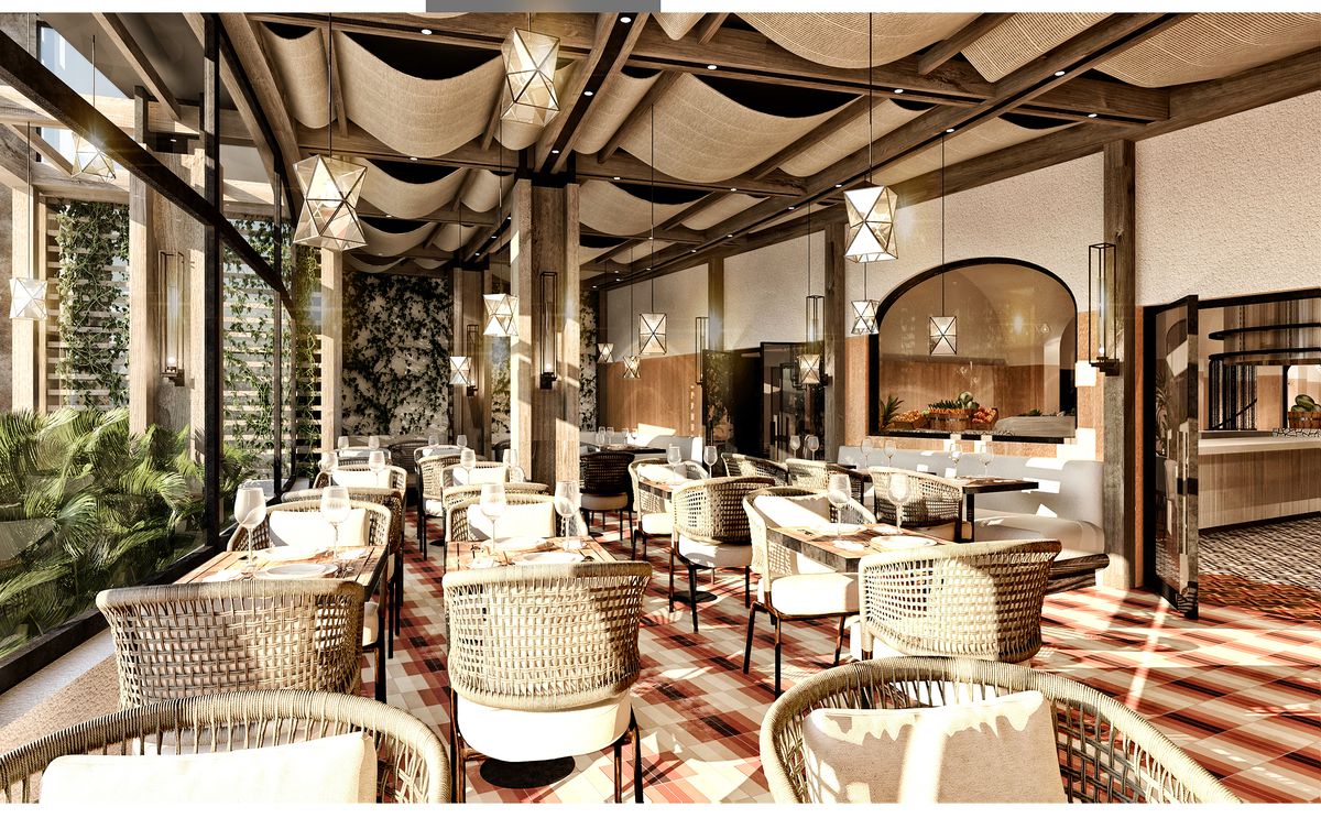 A rendering of the patio at Shark