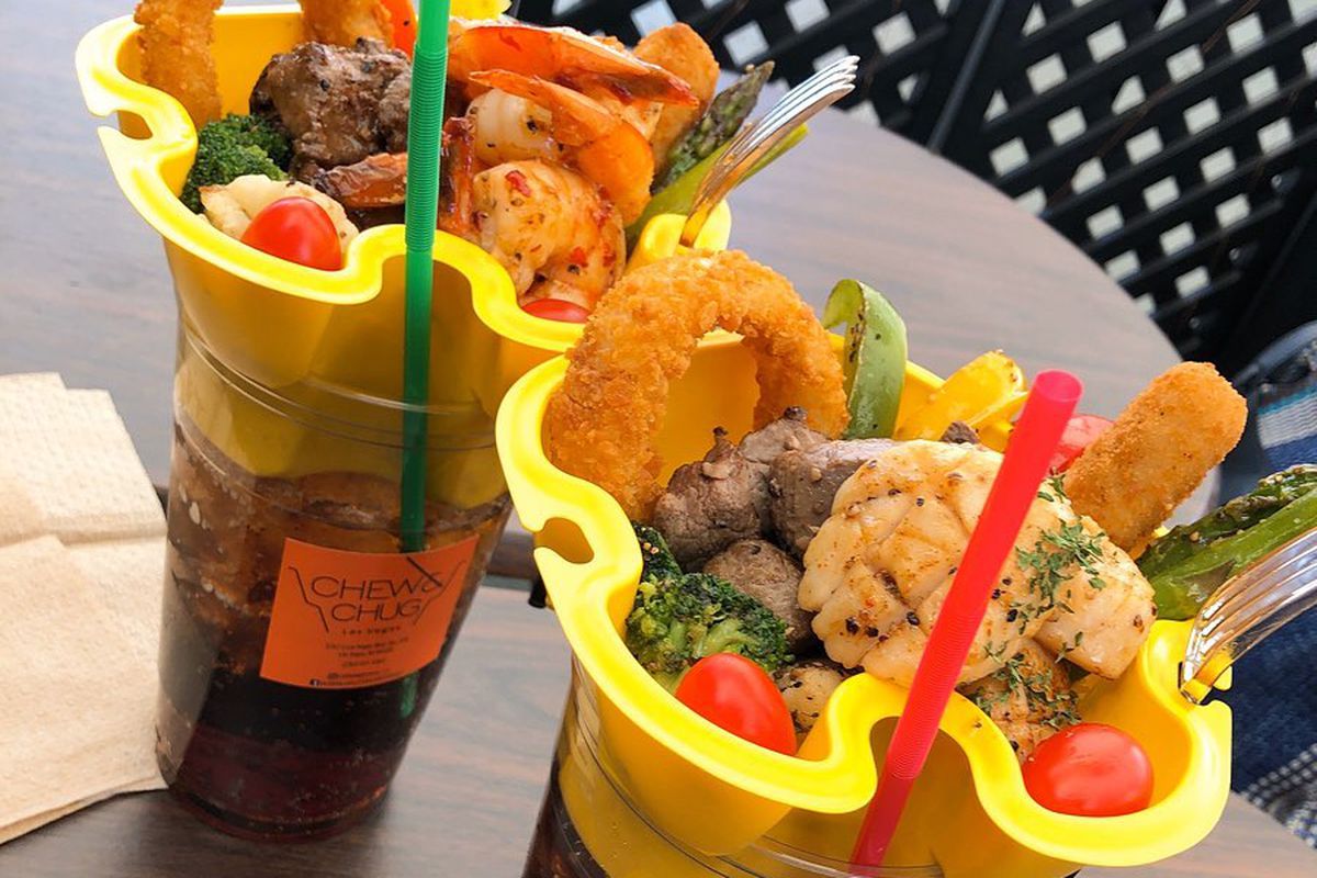 The all-in-one dine and drink containers served at Chew &amp; Chug in the Venetian.