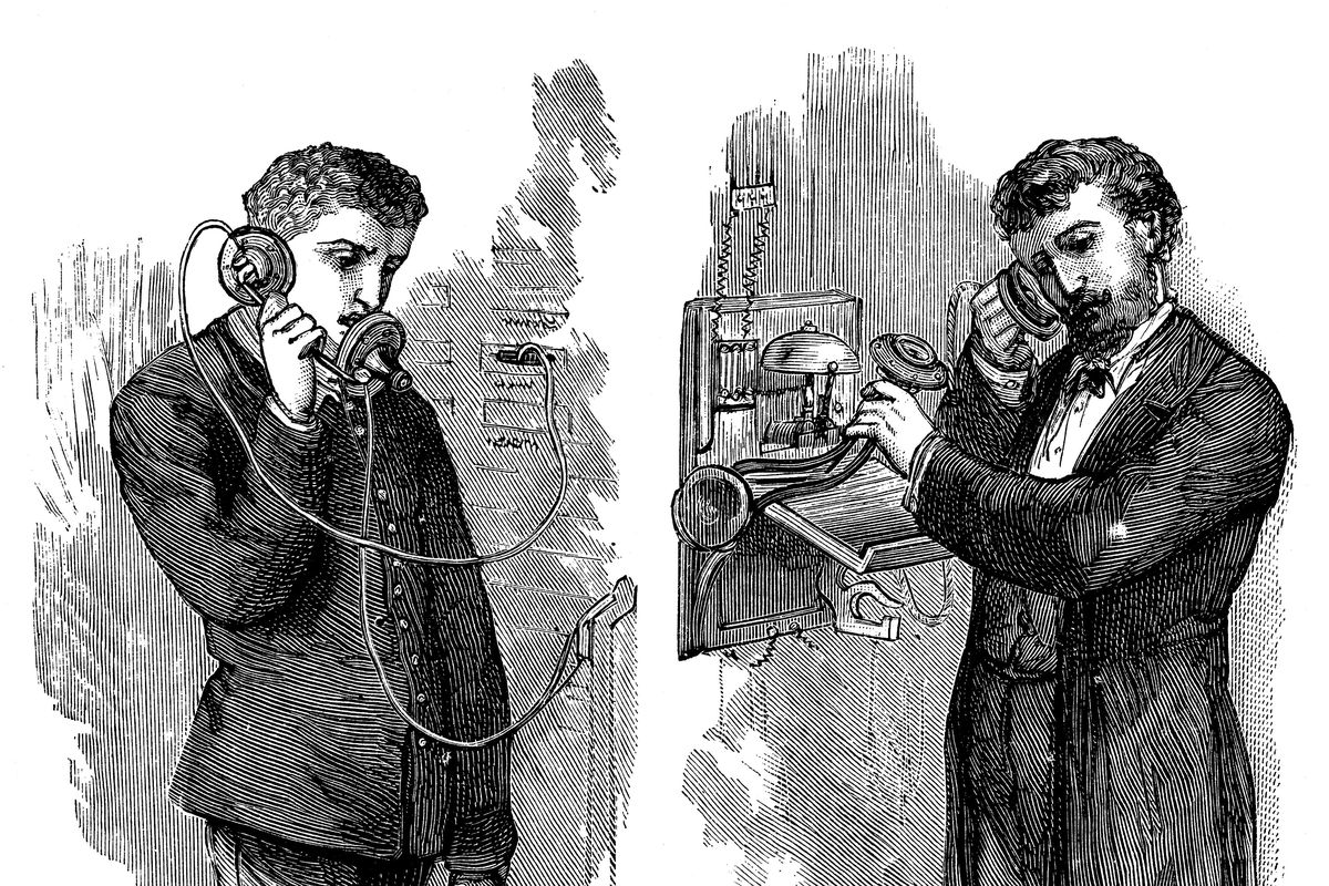 New York telephone subscriber making call through operator at telephone exchange, 1883.