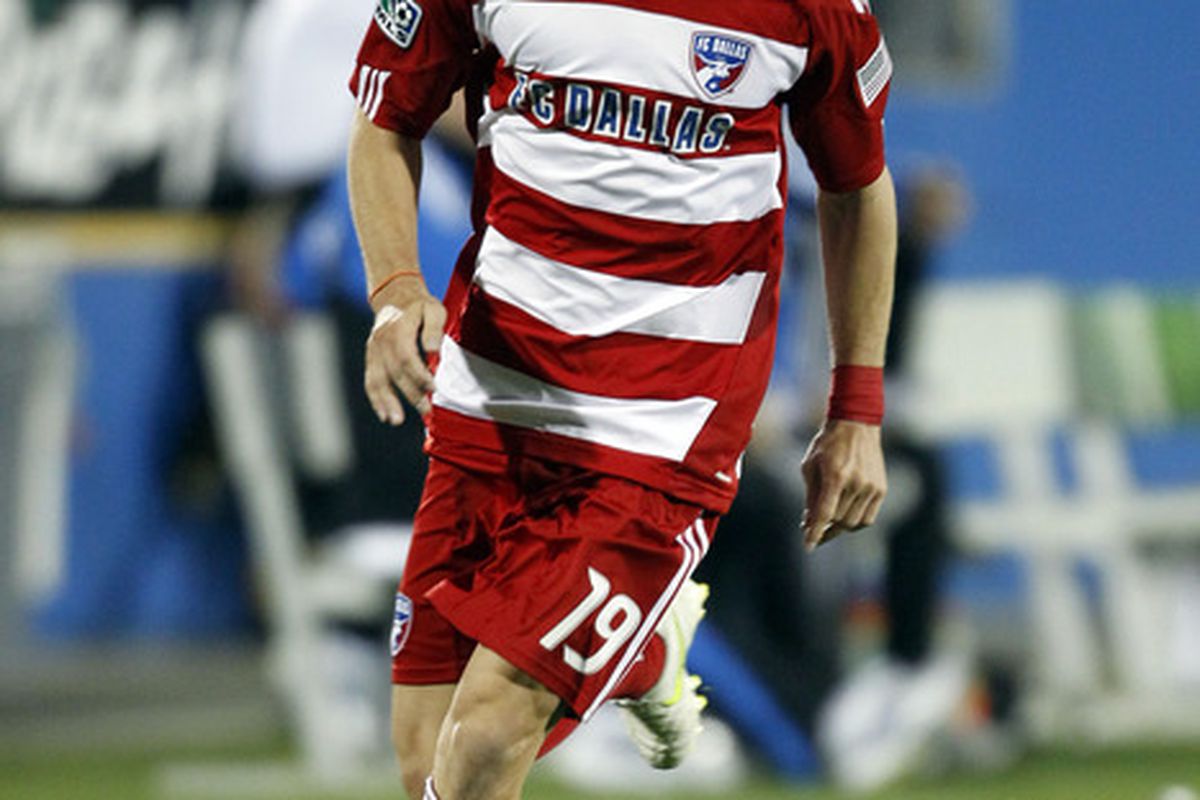 FRISCO, TX - MARCH 26: Zach Loyd #19 of of FC Dallas looks to pass against the San Jose Earthquake at Pizza Hut Park on March 26, 2011 in Frisco, Texas. (Photo by Layne Murdoch/Getty Images)
