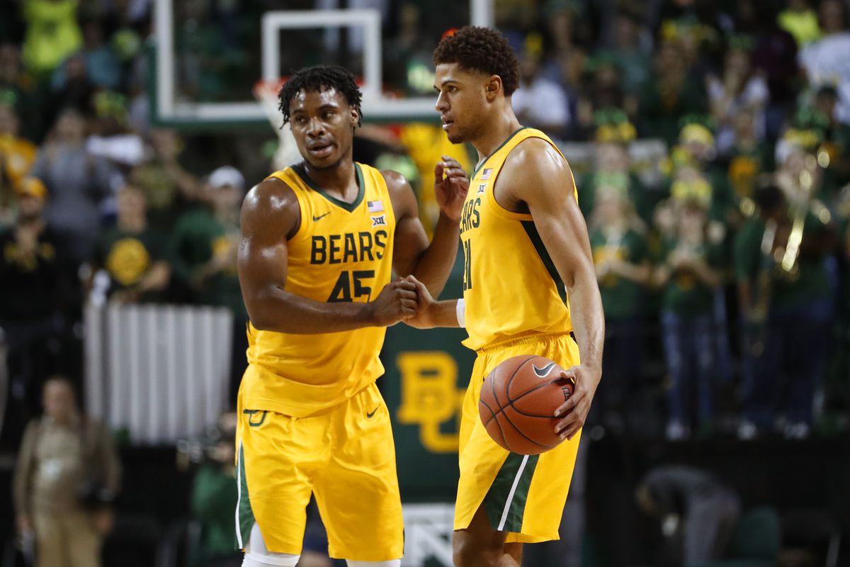 Baylor Bears guard Davion Mitchell and guard MaCio Teague celebrate after the game against the TCU Horned Frogs at Ferrell Center.