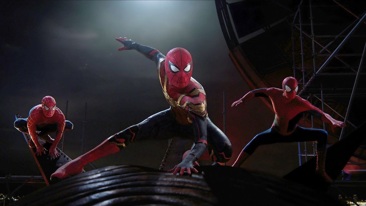 Spider-Man (Tobey Maguire), Spider-Man (Tom Holland), and Spider-Man (Andrew Garfield) in Spider-Man: No Way Home.