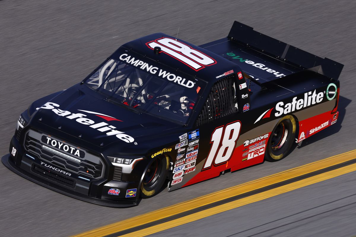 Chandler Smith, driver of the #18 Safelite AutoGlass Toyota, drives during practice for the NASCAR Camping World Truck Series NextEra Energy 250 at Daytona International Speedway on February 17, 2022 in Daytona Beach, Florida.