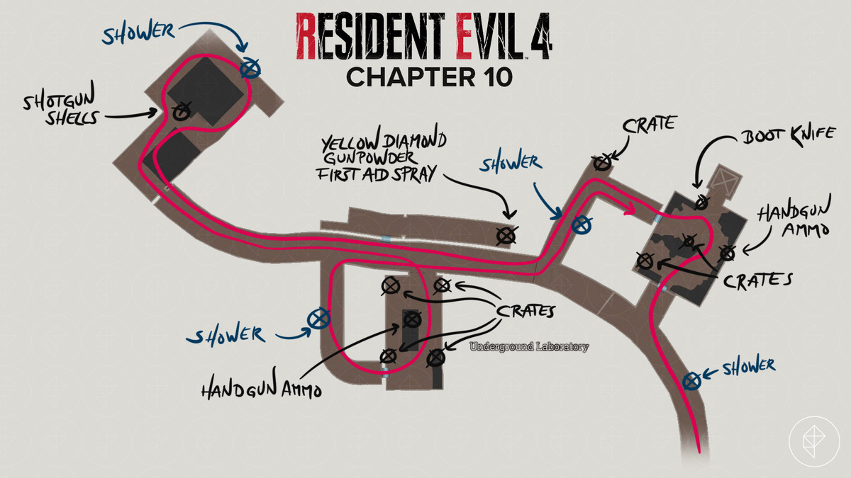 Resident Evil 4&nbsp;remake&nbsp;map of the Underground Laboratory with items and a path marked