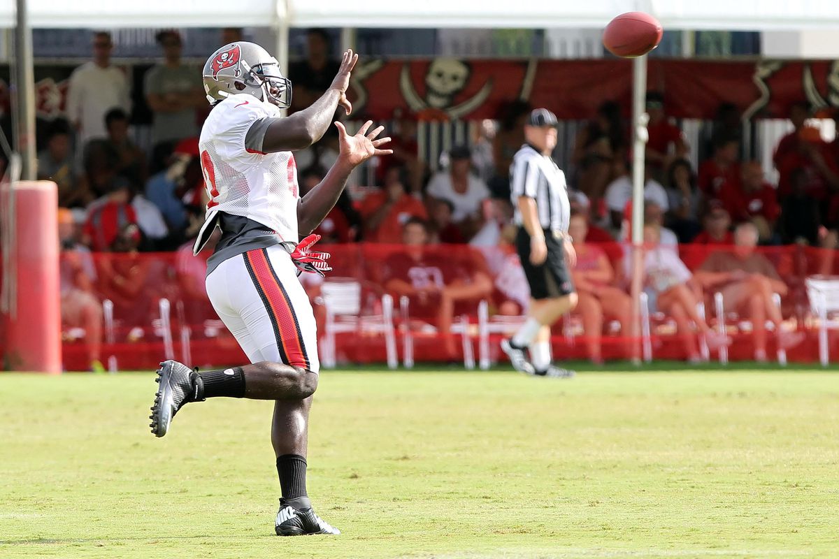 August 3, 2012; Tampa, FL, USA;  Tampa Bay Buccaneers running back LeGarrette Blount (27) catches the ball during training camp at One Buc Place. Mandatory Credit: Kim Klement-US PRESSWIRE