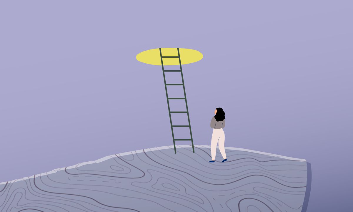 A drawing of a person looking up at a ladder going through a lit hole.