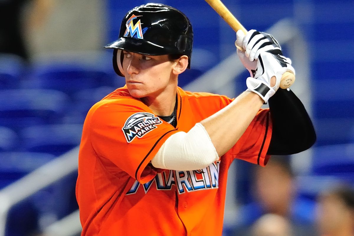 Sept 6, 2012; Miami, FL, USA; Miami Marlins catcher Rob Brantly (19) at bat against the Milwaukee Brewers at Marlins Park. Mandatory Credit: Steve Mitchell-US PRESSWIRE