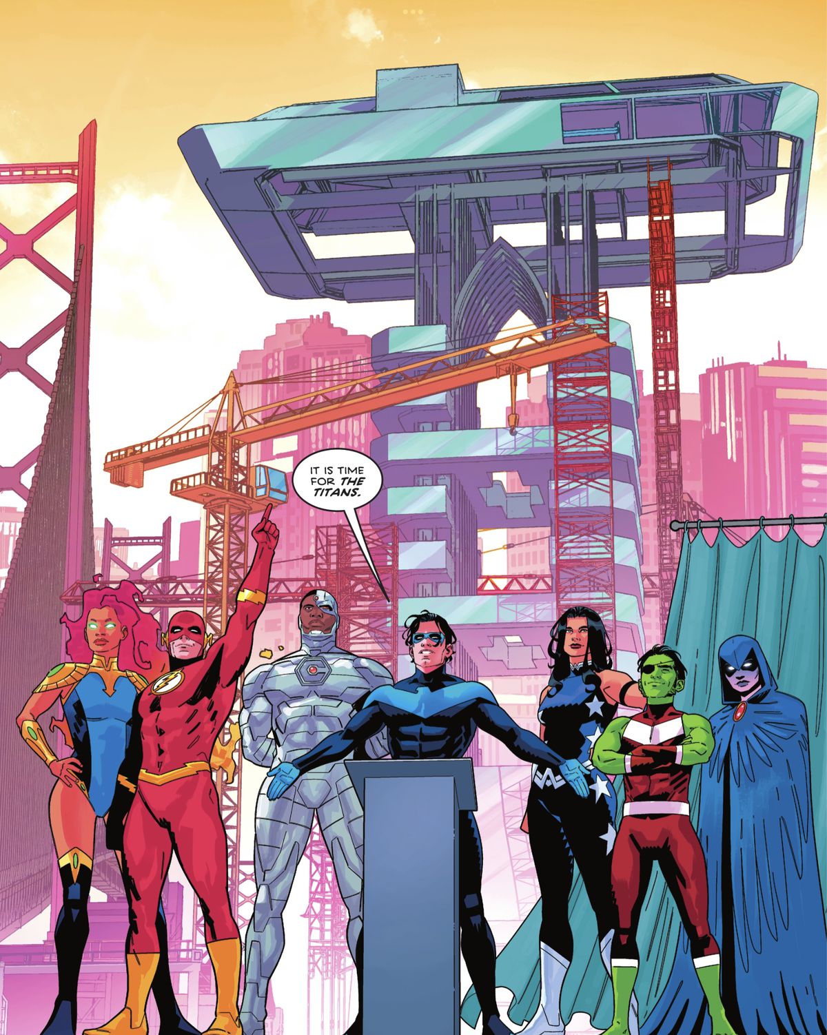 Nightwing stands with the Teen Titans in front of their under-construction headquarters, announcing that the Teen Titans are converting Blüdhaven's most notorious prison into their new headquarters in Nightwing #100 (2023). 