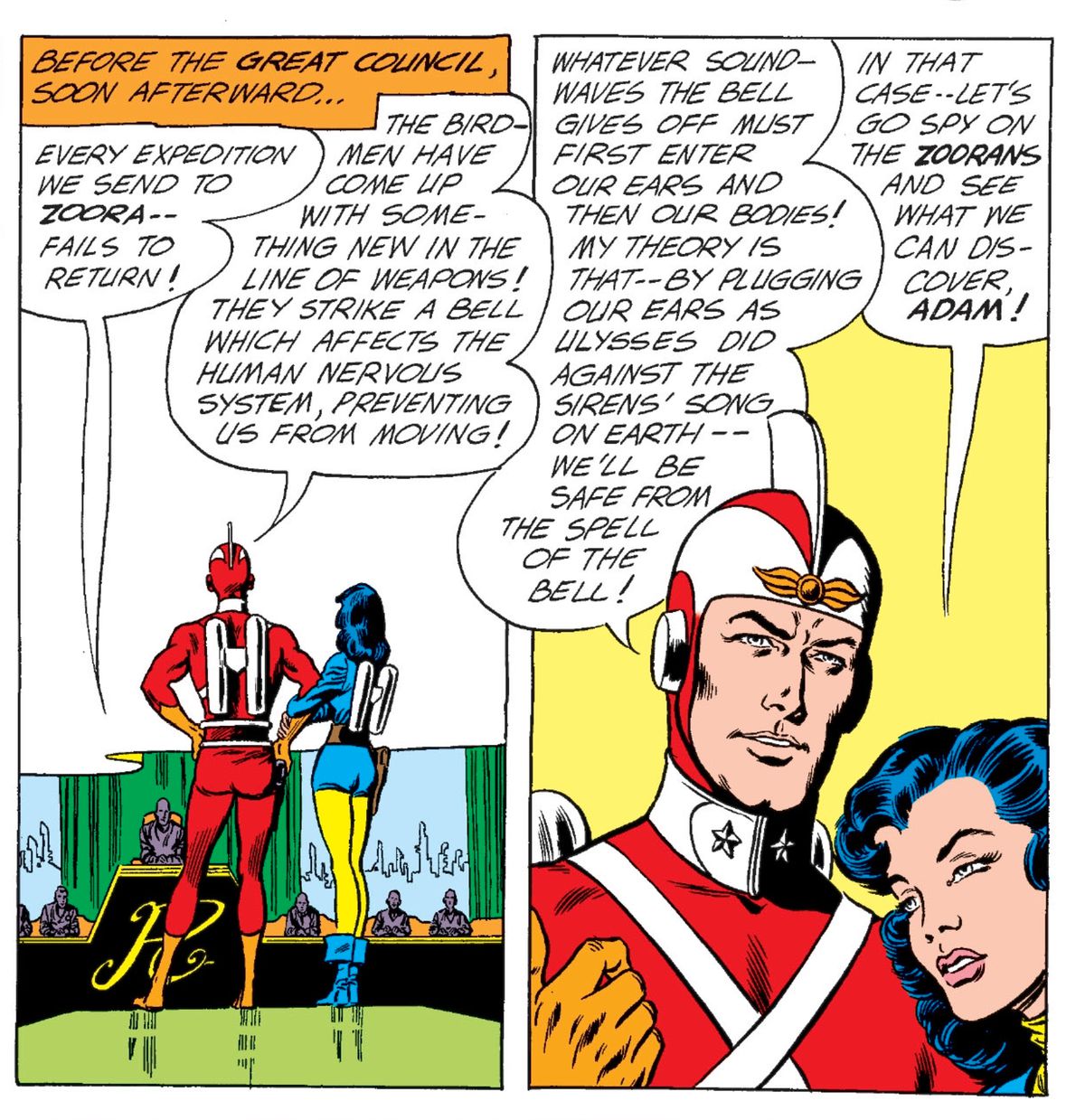 Adam Strange and Alanna confer with the Great Council of Rann on what to do about some bird-men who have learned the power of mind control, in Mystery in Space #75, DC Comics (1962).