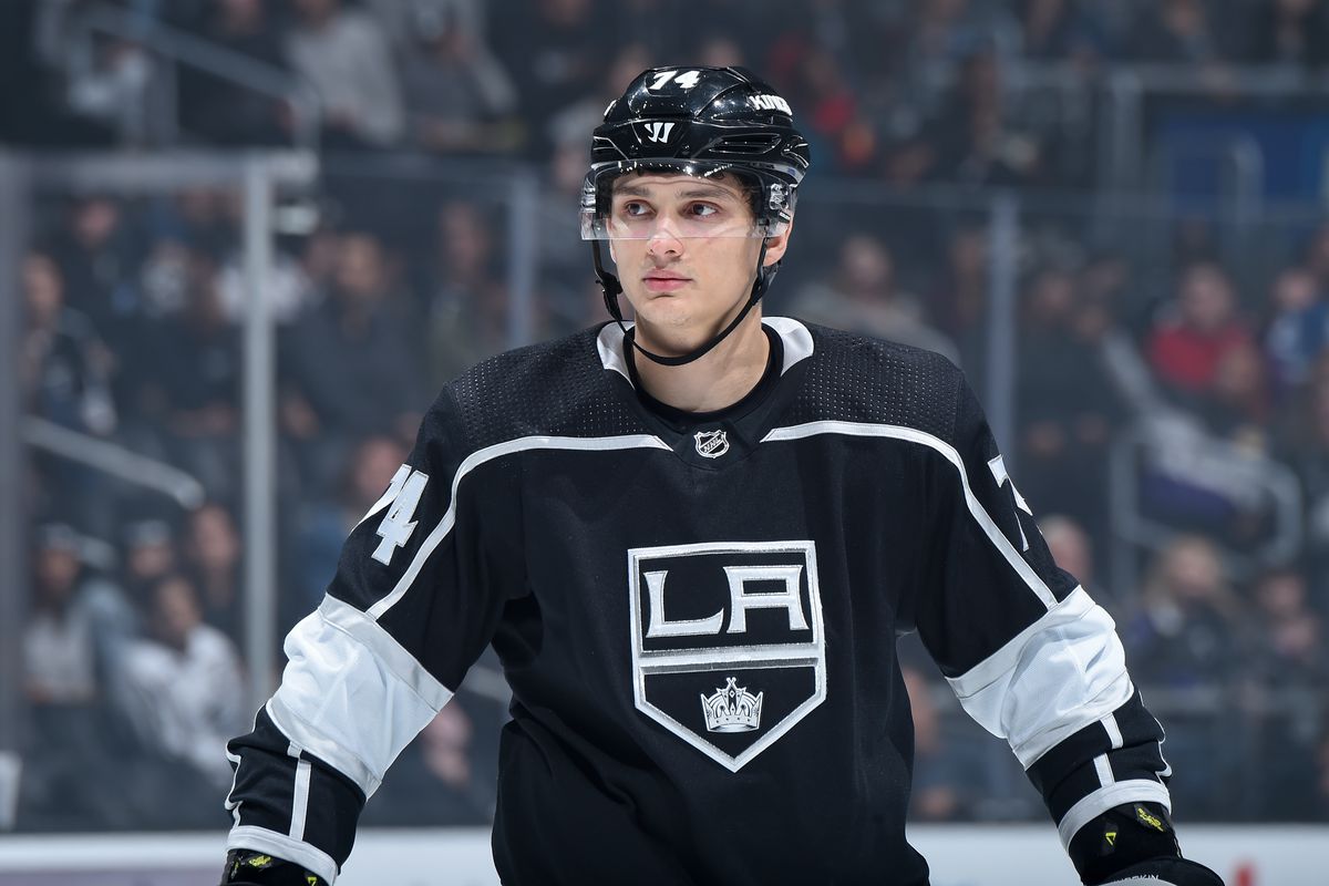 LOS ANGELES, CA - MARCH 9: Nikolai Prokhorkin #74 of the Los Angeles Kings looks on during the first period against the Colorado Avalanche at STAPLES Center on March 9, 2020 in Los Angeles, California.
