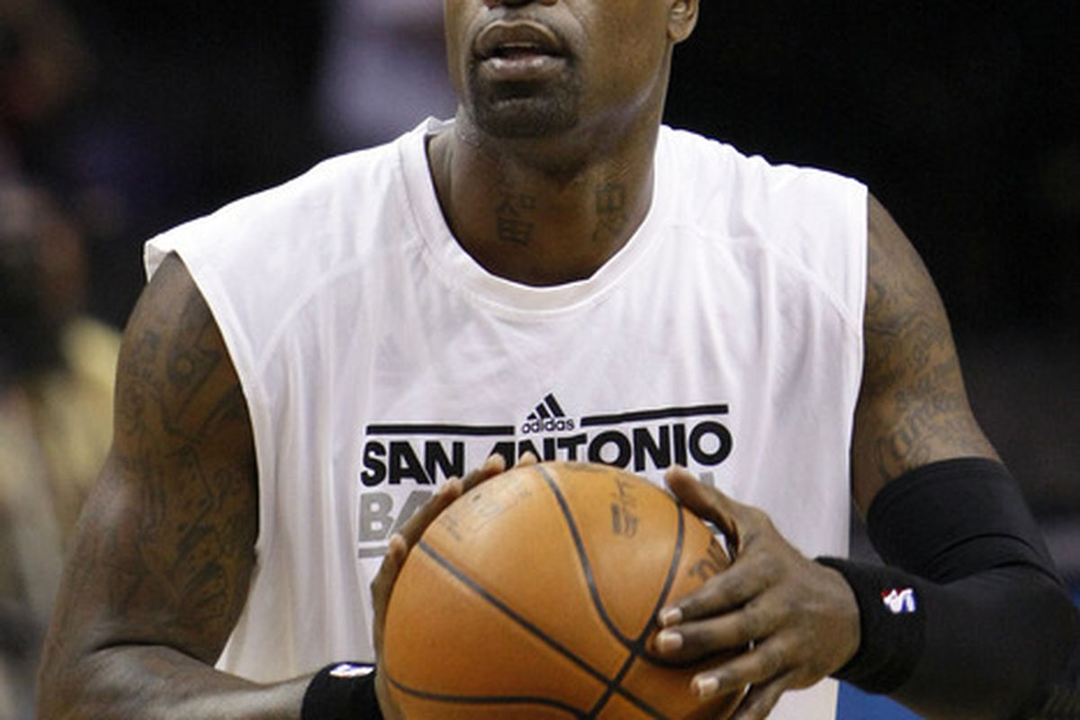 Apr 23, 2012; San Antonio, TX, USA; San Antonio Spurs forward Stephen Jackson (3) warms up before the game against the Portland Trail Blazers at the AT&T Center. Mandatory Credit: Soobum Im-US PRESSWIRE