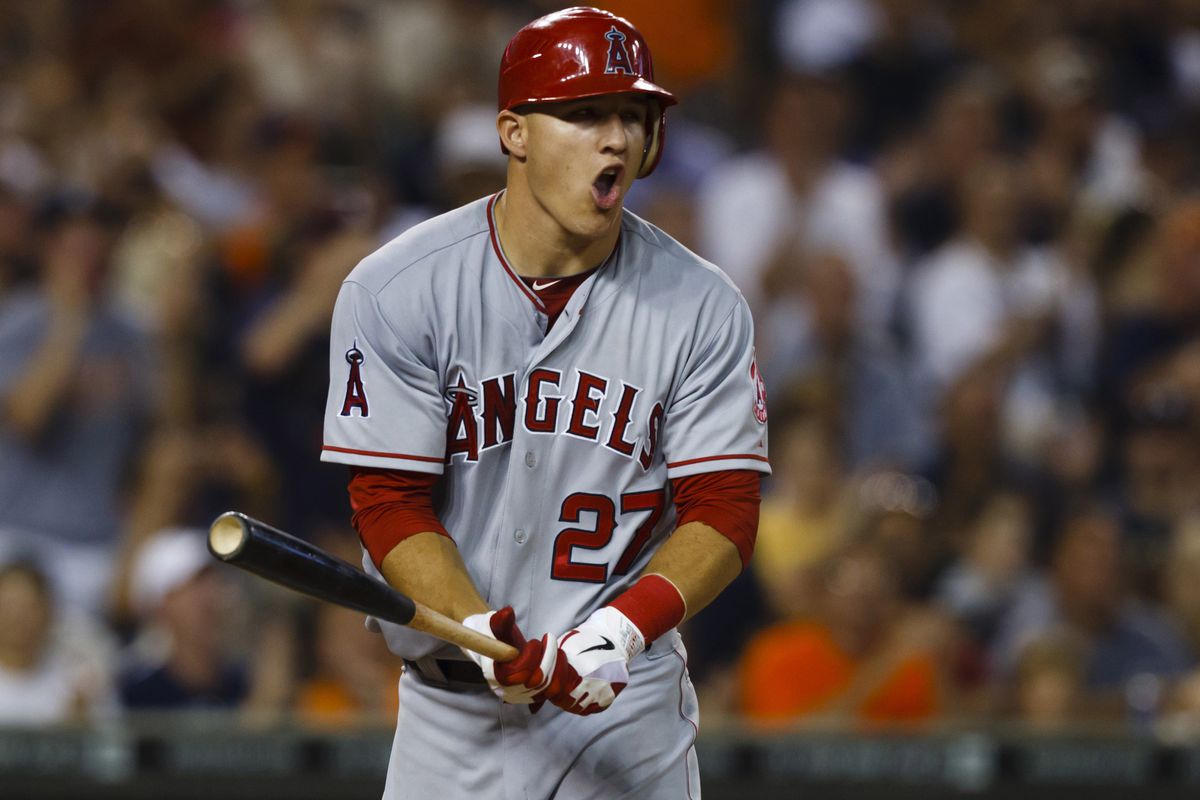 July 16, 2012; Detroit, MI, USA; Los Angeles Angels center fielder Mike Trout (27) reacts to striking out during the ninth inning against the Detroit Tigers at Comerica Park. Detroit won 8-6. Mandatory Credit: Rick Osentoski-US PRESSWIRE