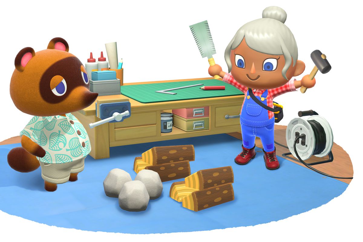 An Animal Crossing player next to Tom Nook.