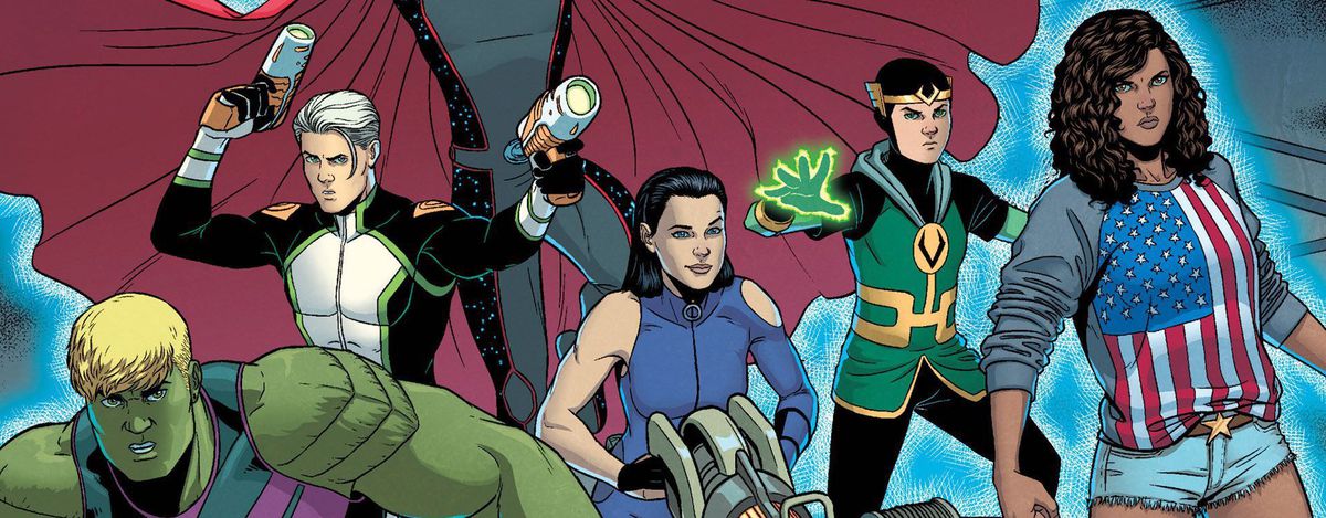 LtR: Hulkling, Noh-Varr, Wiccan, Hawkeye, Kid Loki, and America Chavez in Young Avengers, Marvel Comics.