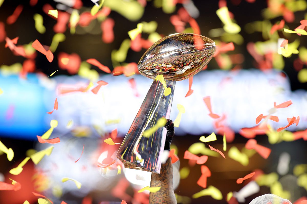 A general view of the Vince Lombardi Trophy after the Kansas City Chiefs defeat the San Francisco 49ers 31-20 in Super Bowl LIV at Hard Rock Stadium on February 02, 2020 in Miami, Florida.