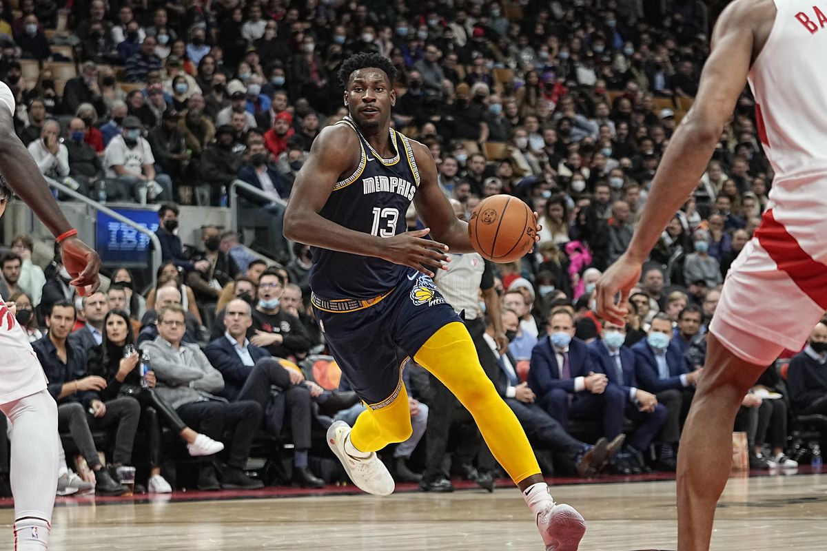 Memphis Grizzlies forward Jaren Jackson Jr. (13) dribbles to the net against the Toronto Raptors during the second half at Scotiabank Arena.