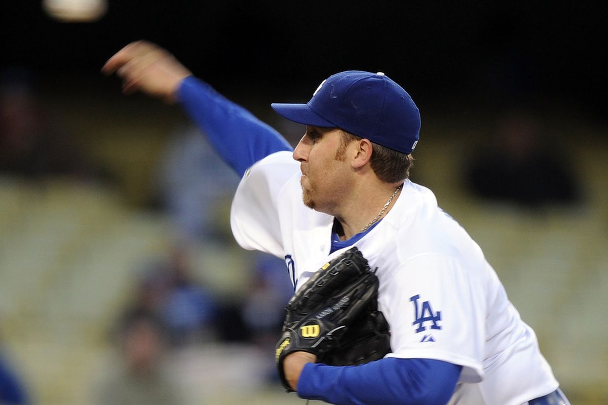 LOS ANGELES, CA - APRIL 13:  Aaron Harang #44 of the Los Angeles Dodgers pitches aginst the San Diego Padres during the first inning at Dodger Stadium on April 13, 2012 in Los Angeles, California.  (Photo by Harry How/Getty Images)
