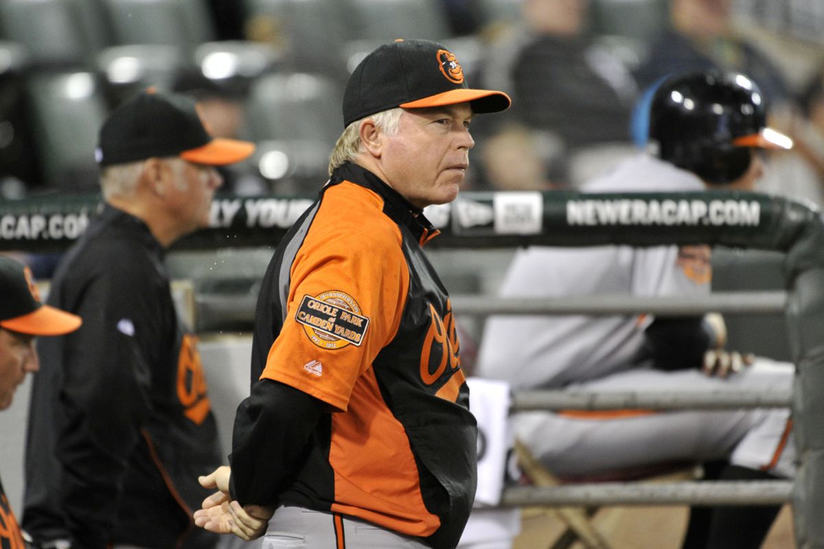 Manager Buck Showalter #26 of the Baltimore Orioles stands in the dugout during the ninth inning against the Chicago White Sox at U.S. Cellular Field on April 18, 2012 in Chicago, Illinois. The White Sox defeated the Orioles 8-1.