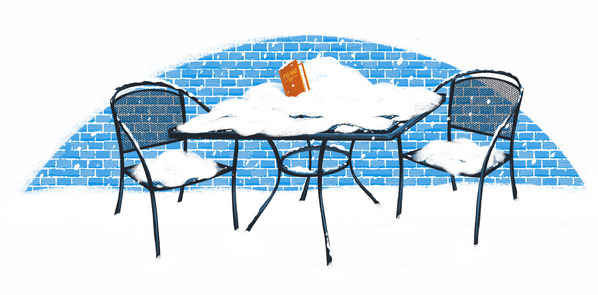 An illustration of a cafe table buried in snow.