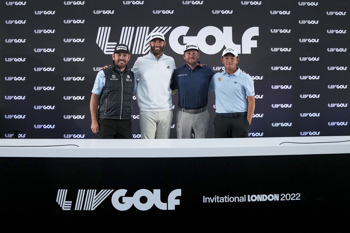 Louis Oosthuizen of South Africa, Dustin Johnson of The United States, Graeme McDowell of Northern Ireland and Ratchanon Chantananuwat of Thailand attend the press conference prior to the LIV Golf Invitational - London at The Centurion Club on June 07, 2022 in St Albans, England.