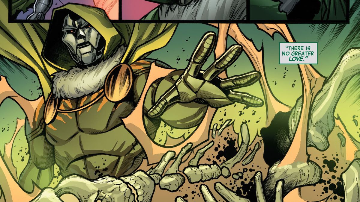 Doctor Doom raises a hand and the figure before him crumbles into a dessicated skeleton in Avengers Forever #5 (2022). 