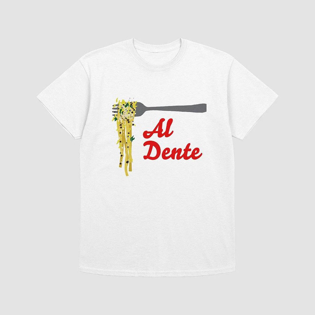 A T-shirt with the image of a fork holding spaghetti aloft and the words “Al Dente”