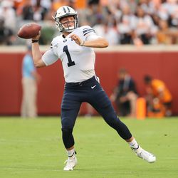 BYU quarterback Zach Wilson tries to throw the ball downfield as BYU and Tennessee play in Knoxville on Saturday, Sept. 7, 2019.