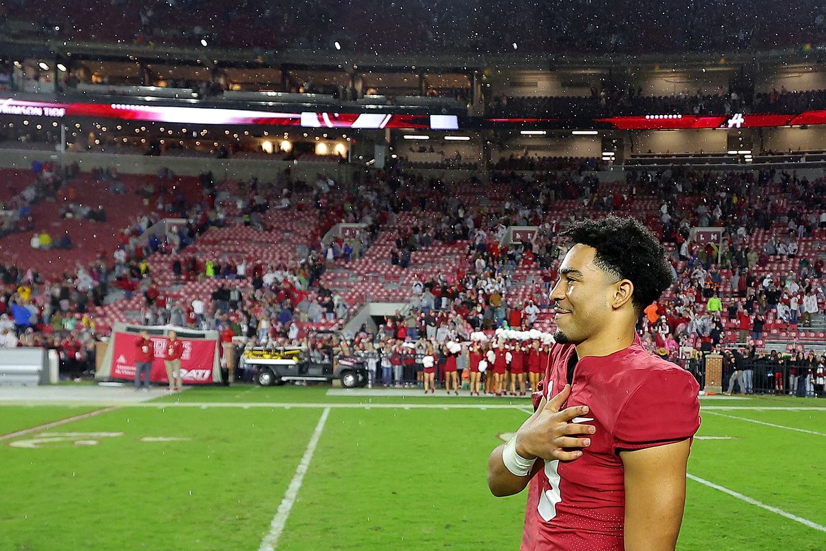 Bryce Young #9 of the Alabama Crimson Tide reacts after their 49-27 win over the Auburn Tigers at Bryant-Denny Stadium on November 26, 2022 in Tuscaloosa, Alabama.