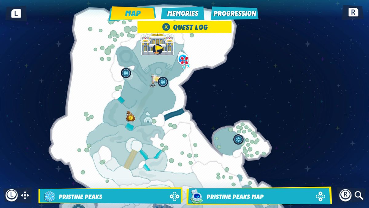 A map of Pristine Peaks, showing the location of the first Igloo brick for Igloo Breakthrough in Mario + Rabbids Sparks of Hope
