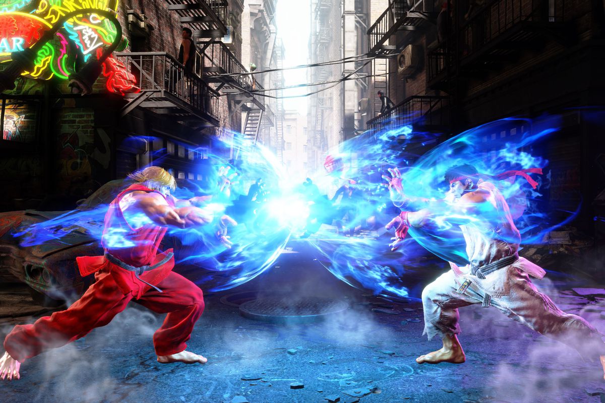 Ken and Ryu in their classic gi costumes throw a hadouken fireball at each other in a screenshot from Street Fighter 6