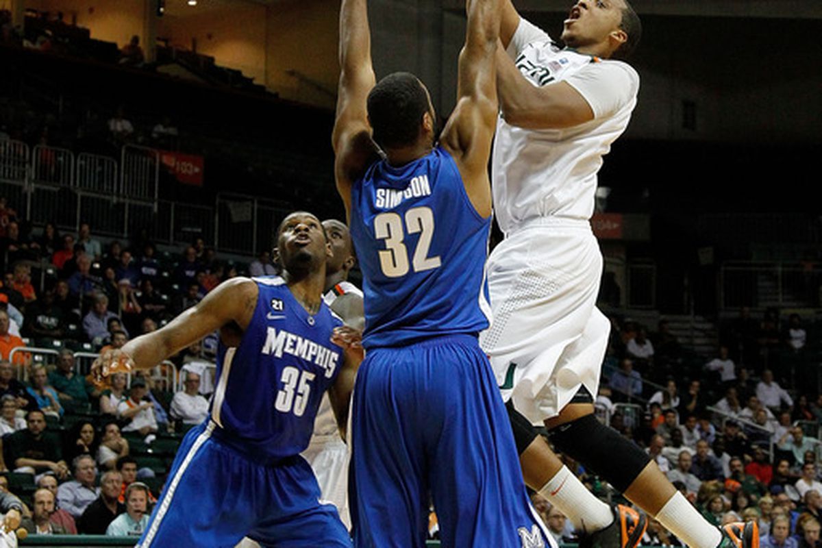 Kenny Kadji #35 of the Miami Hurricanes shoots over Stan Simpson #32 of the Memphis Tigers during a game at the BankUnited Center on December 6, 2011 in Coral Gables, Florida.