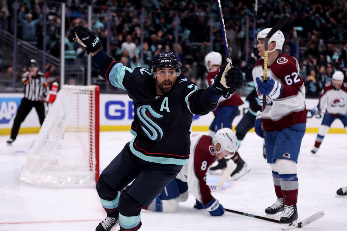 Jordan Eberle of the Seattle Kraken celebrates his overtime-winning goal against the Colorado Avalanche in Game Four of the First Round of the 2023 Stanley Cup Playoffs at Climate Pledge Arena on April 24, 2023 in Seattle, Washington.